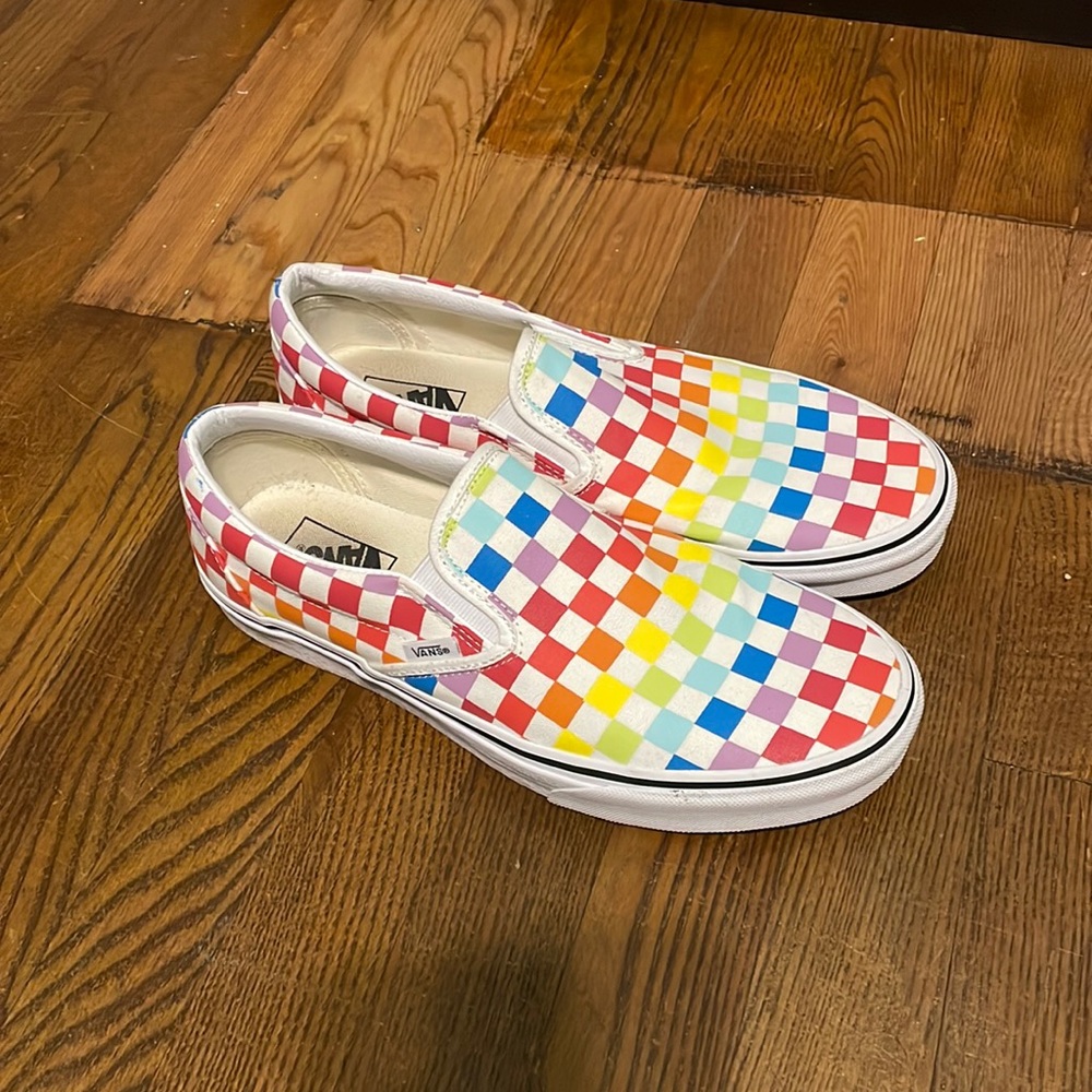 Rainbow checkered vans slip-ons